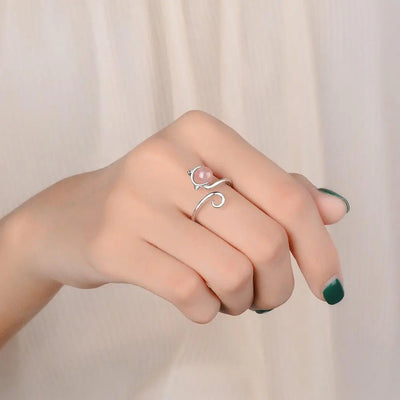 925 Sterling Silver and Pink Agate Kitten Ring