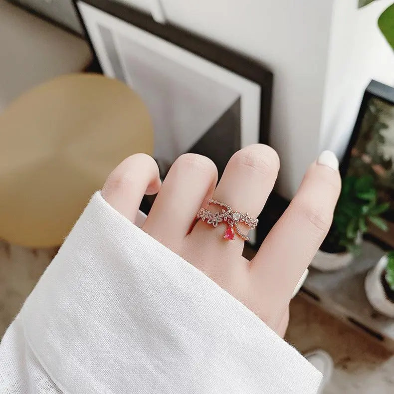 Adjustable Gold Ring with Zirconia and Ruby