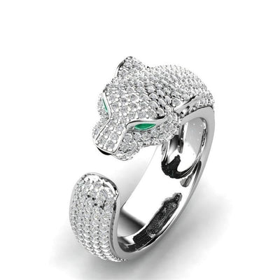 Adjustable Jaguar Ring made of 18K Silver and Rose Gold with Green Zirconia Eyes